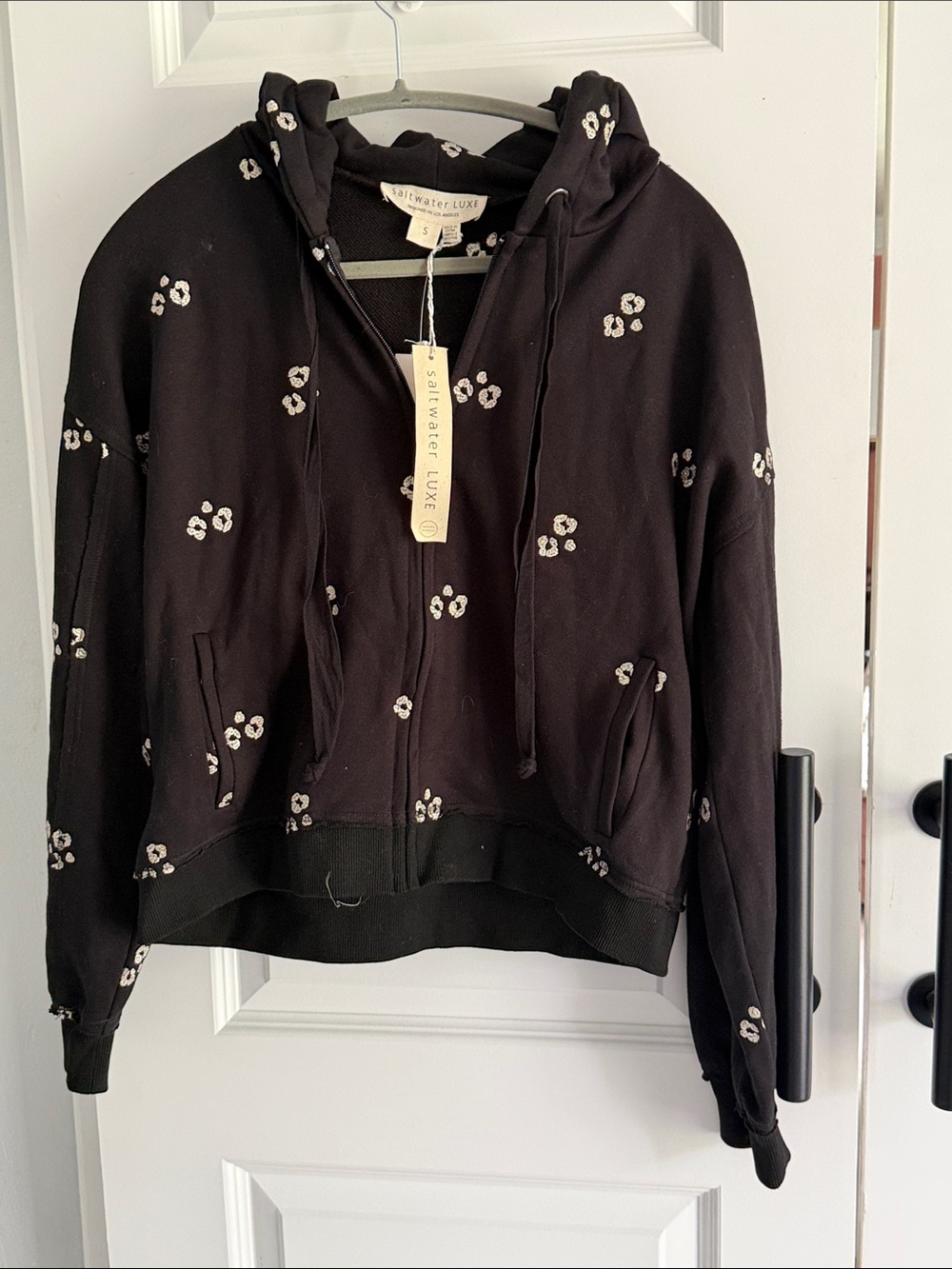 Anthro saltwater LUXE Black Zip Hoodie with silver Floral Dot Print size S